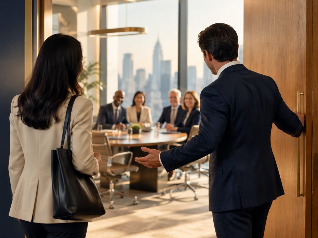 A client being shown through an open door into a meeting room